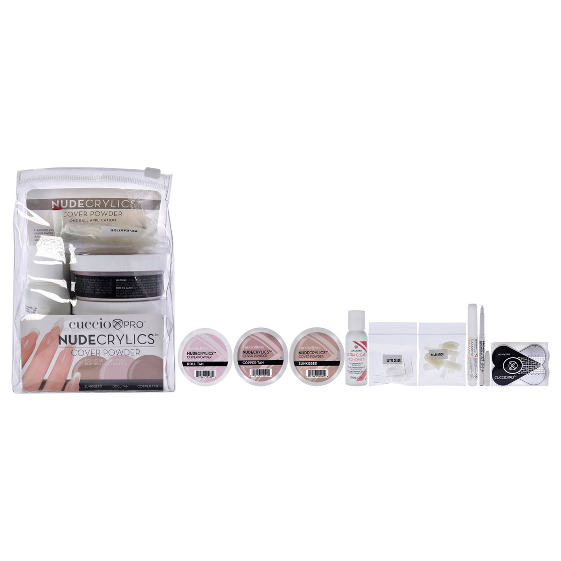 Nudecrylics Cover Powder Kit by Cuccio Pro 9 Pc -3 x 1.6oz Color Powders - Dolll Tan, Sunkissed, Cooper Tan, 0.07oz Primer Pen, 0.07oz Instant Nail Glue, 2oz Ultra Clear Monomer, 20 High C Curve Tips Assorted, 20 Ultra Wear Tips Clear, 20 Nail Forms