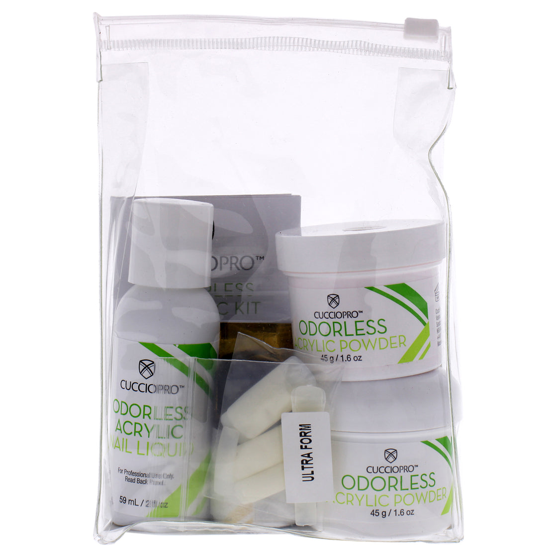 Odorless Acrylic Kit - Intermediate by Cuccio Pro for Women - 7 Pc 2oz Acrylic Liquid, 1.6oz Acrylic Powder - Pink, 1.6oz Acrylic Powder - Super White, 0.33oz X-Strength Primer, 0.07oz Instant Nail Glue, 20 Pc Ultra Form Natural Tip, 25 Nail Form