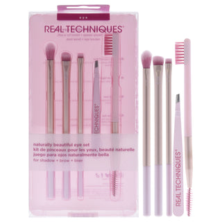 Naturally Beautiful Eye Set by Real Techniques for Women - 5 Pc Tapered Shadow Brush - 355, Brow Highlighter Brush - 354, Flat Liner Brush - 326, Brow Duo Brush - 353, Fine Point Tweezer