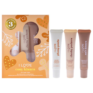 Cosy Kisses Lip Care Trio by I Love Cosmetics for Women - 3 Pc 0.5oz Cheeky Puckers Coconut Cream Exfolianting Lip Scrub, 0.5oz Soft Kisses Fudge Brownie Nourishing Lip Butter, 0.5oz Plump Pouts Soft Mint Volumising Lip Plumper