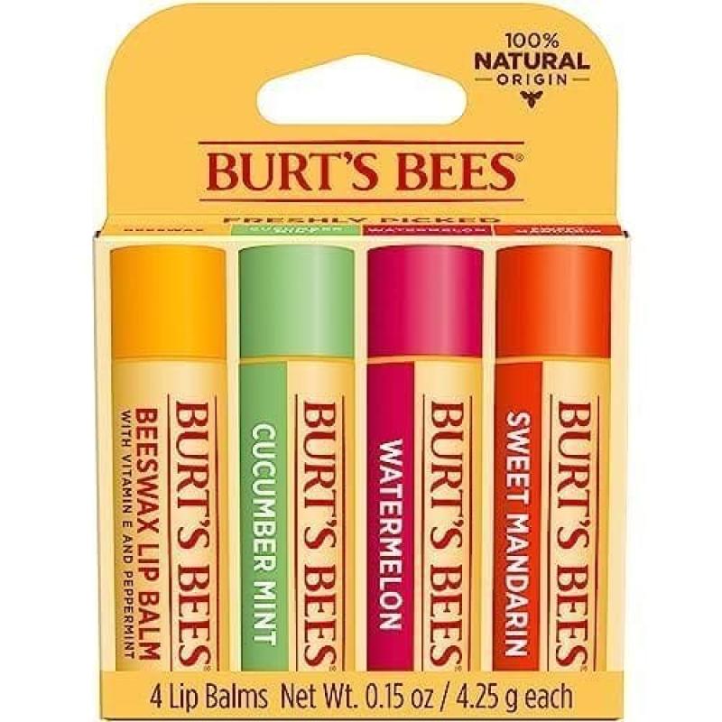 Freshly Picked Moisturizing Lip Balm Blister Pack by Burts Bees for Unisex - 4 x 0.15 oz Lip Balm Watermelon, Sweet Mandarin, Beeswax, Cucumber Mint