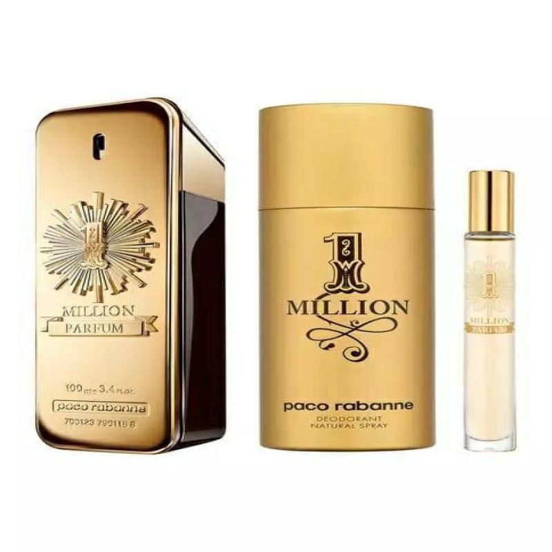Paco Rabanne One Million Parfum 3 Pcs Set For Men: 3.4 Parfum Sp + 0.34 Parfum Sp + 5.1 Deodorant Sp