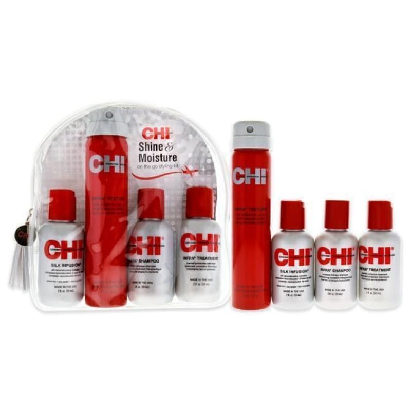 Shine and Moisture On The Go Styling Kit by CHI for Unisex - 4 Pc 2.6oz Infra Texture Dual Action Hair Spray, 2.6oz Infra Shampoo, 2oz Infra Thermal Protective Treatment, 2oz Silk Infusion Reconstructing Complex