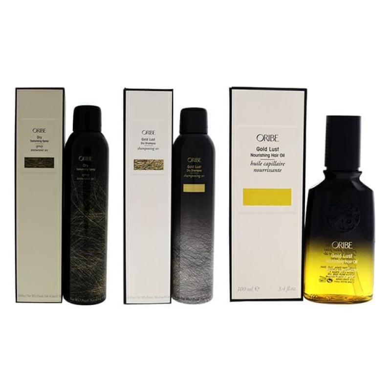 Gold Lust Dry Shampoo-Texturizing Spray and Nourishing Hair Oil Kit by Oribe - 3 Pc Kit 8.5oz Hairspray , 6oz Shampoo, 3.4 Oil