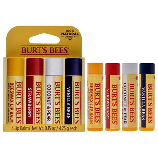 Best Of Burts Moisturizing Lip Balm Set by Burts Bees for Unisex - 4 Pc 0.15oz Lip Balm Beeswax, Strawberry, Coconut and Pear, Vanilla Bean - Hydrating Natural Lip Care Gift Set