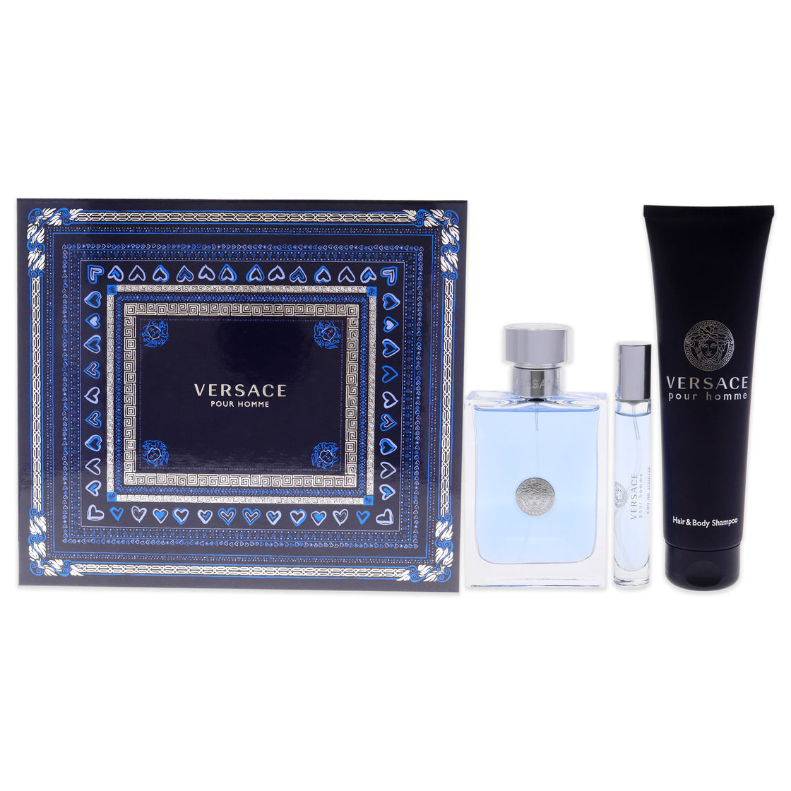 Versace Pour Homme by Versace for Men - 3 Pc Gift Set 3.4oz EDT Spray, 10ml EDT spray, 5.0oz Hair and Body Shampoo