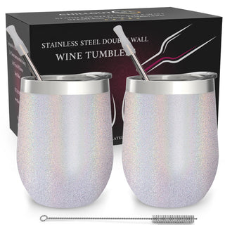 Stainless Steel Double Wall Wine Tumbler - Holo by Chillout Life - Set of 2, 12 oz Tumbler for Unisex