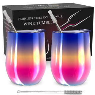 Rainbow Stainless Steel Double Wall Wine Tumbler Set for Unisex - 2 x 12 oz Tumbler by Chillout Life