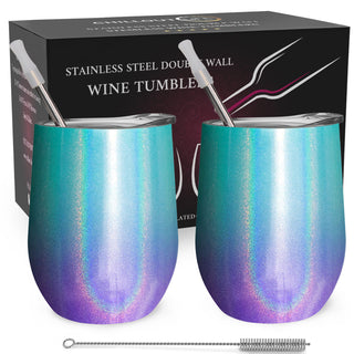 Mermaid Sparkle Stainless Steel Double Wall Wine Tumbler - Set of 2, 12 oz Tumblers for Unisex by Chillout Life