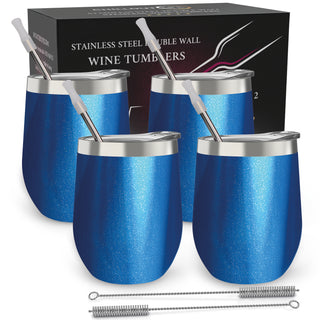 Chillout Life Stainless Steel Double Wall Wine Tumbler - Blue Sparkle for Unisex - Set of 4 (12 oz) Tumblers