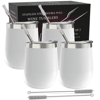 Chillout Life Stainless Steel Double Wall Wine Tumbler - White - Set of 4 (12 oz) Tumblers for Men and Women