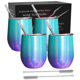 Stainless Steel Double Wall Wine Tumbler - Mermaid Sparkle by Chillout Life - Set of 4 (12 oz Tumblers) for Unisex - Sparkle at Your Next Gathering