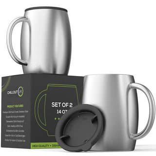Chillout Life Stainless Steel Double Wall Coffee Mug with Lid - Set of 2 - 14 oz Tumbler for Unisex
