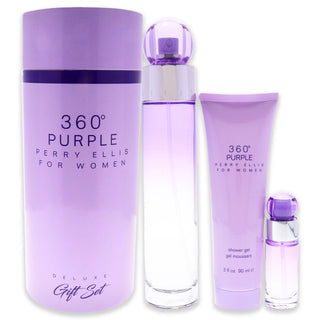 360 Purple by Perry Ellis for Women 3 Pc Gift Set - EDP Spray, Shower Gel - Great Gift Idea for Her