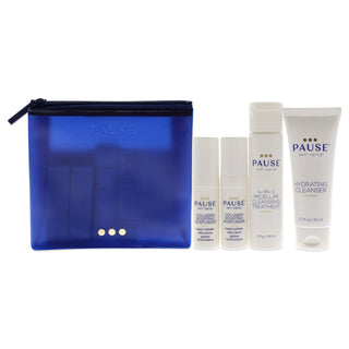 Pause Well-Aging Discovery Kit for Unisex - 4 Pc Hydrating Cleanser, Micellar Cleansing Treatment, Collagen Boosting Moisturizer