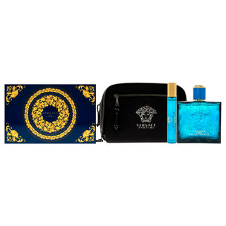 Versace Eros by Versace for Men 3 Pc Gift Set: 3.4oz EDT Spray, 0.3oz EDT Spray, Pouch - Perfect Cologne Gift Set for Him