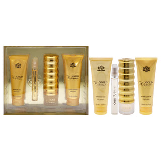Gold by New Brand for Women - 4 Pc Gift Set 3.3oz EDP Spray, 0.5oz EDP Spray, 4.3oz Shower Gel, 4.3oz Body Lotion
