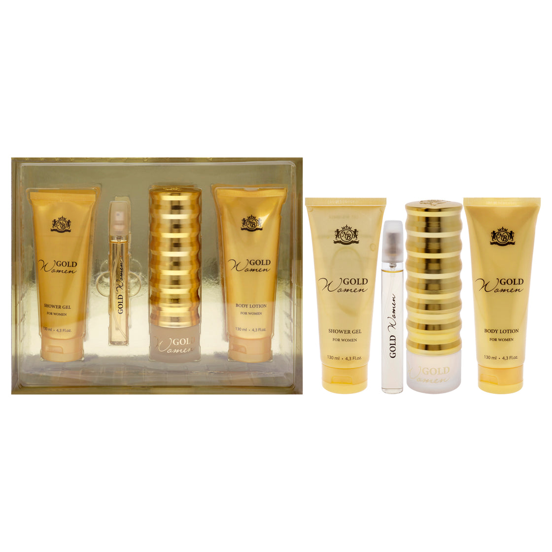 Gold by New Brand for Women - 4 Pc Gift Set 3.3oz EDP Spray, 0.5oz EDP Spray, 4.3oz Shower Gel, 4.3oz Body Lotion