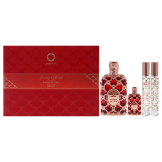 Amber Rouge by Orientica for Women 4 Pc Gift Set - 2.7oz EDP Spray + Travel Sprays