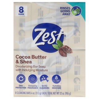 Zest Deodorant Bar Soap - Cocoa Butter and Shea for Women – Pack of 8, 4 oz Bars