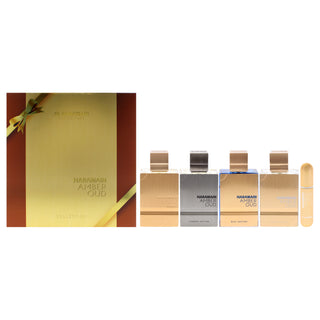 Amber Oud Collection by Al Haramain for Unisex - 4 Pc Gift Set 4 x 2oz EDP Spray Gold, Bleu, White, Carbon