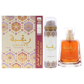 Raghba by Lattafa for Unisex - 2 Pc Gift Set 3.4oz EDP Spray, 1.7oz Perfumed Spray