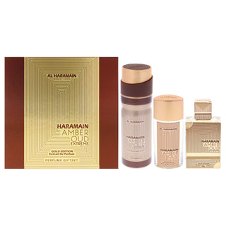Amber Oud - Gold Edition Extreme by Al Haramain for Unisex - 3 Pc Gift Set 2.5oz Extrait De Parfum Spray, 1oz Extrait De Parfum Spray, 6.6oz Body Spray