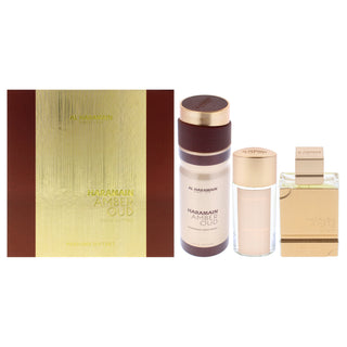 Amber Oud - Gold Edition by Al Haramain for Unisex - 3 Pc Gift Set 2.5oz EDP Spray, 1oz EDP Spray, 6.6oz Body Spray