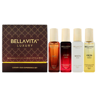 Luxury Oud Experience Set by Bellavita for Unisex - 4 Pc Gift Set 0.68oz Oud Gold EDP Spray, 0.68oz White Oud EDP Spray, 0.68oz Oud Dark EDP Spray, 0.68oz Oud EDP Spray