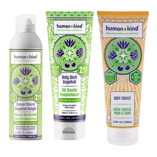 Shower Mousse and Body Wash and Souffle Cream Kit by Human+Kind for Unisex - 3 Pc Kit 6.76oz Shower Mousse Bodywash - Grapefruit Delight, 8.45oz Body Wash - Grapefruit, 6.76oz Body Souffle Cream - Tube