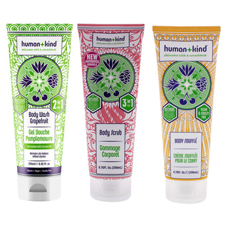 Body Wash - Grapefruit and Scrub and Souffle Cream Kit by Human+Kind for Unisex - 3 Pc Kit 8.45 oz Body Wash , 6.76 oz Scrub, 6.76 oz Body Cream