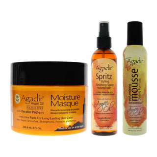 Argan Oil Styling Mousse and Moisture Masque With Spritz Styling Finishing Spray - Extra Firm Hold Kit by Agadir for Unisex - 3 Pc Kit 8.5oz Mousse, 8oz Masque, 8oz Hair Spray