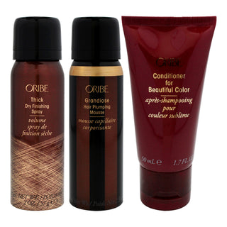 Thick Dry Finishing Purse Spray with Grandiose Hair Plumping Mousse and Conditioner for Beautiful Color Kit by Oribe for Unisex - 3 Pc Kit 2oz Hairspray, 2.5oz Mousse, 1.7oz Conditioner