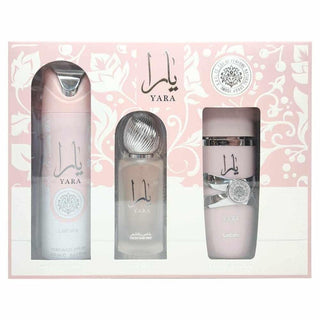 LATTAFA YARA 3 PCS SET FOR WOMEN: 3.4 EAU DE PARFUM SPRAY + 6.7 PERFUMED SPRAY + 1.7 HAIR MIST