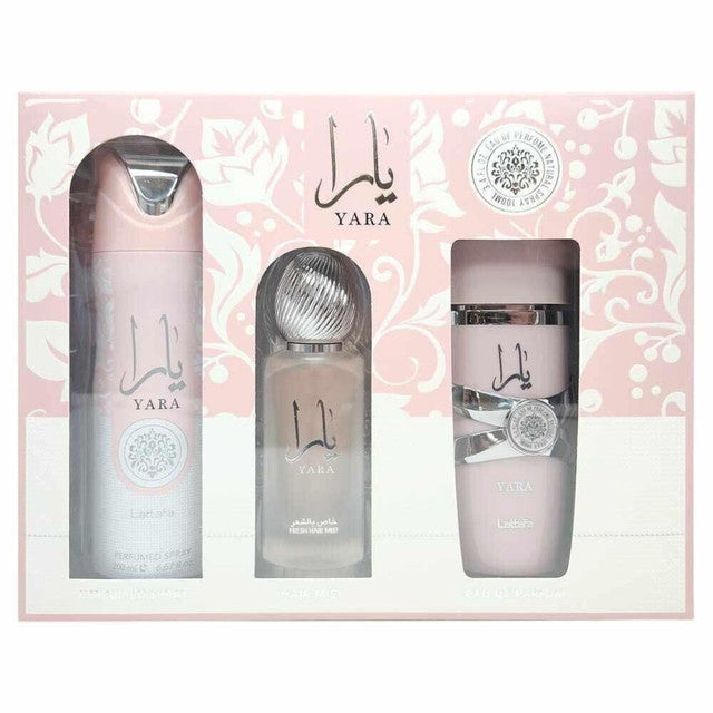 LATTAFA YARA 3 PCS SET FOR WOMEN: 3.4 EAU DE PARFUM SPRAY + 6.7 PERFUMED SPRAY + 1.7 HAIR MIST