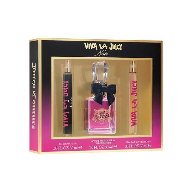 Viva La Juicy Noir 3 Pcs Set For Women: 1 Oz Eau De Parfum Spray + 0.33 Eau De Parfum Spray + Viva La Juicy 0.33 Eau De Parfum Spray.