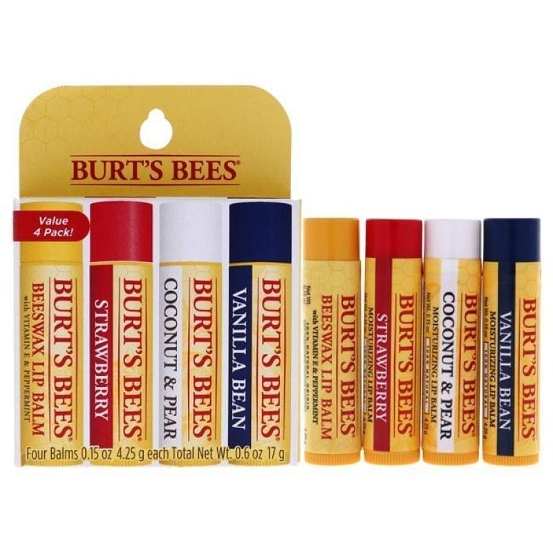 Best Of Burts Moisturizing Lip Balm Set by Burts Bees for Unisex - 4 x 0.15 oz Lip Balm Beeswax, Strawberry, Coconut and Pear, Vanilla Bean