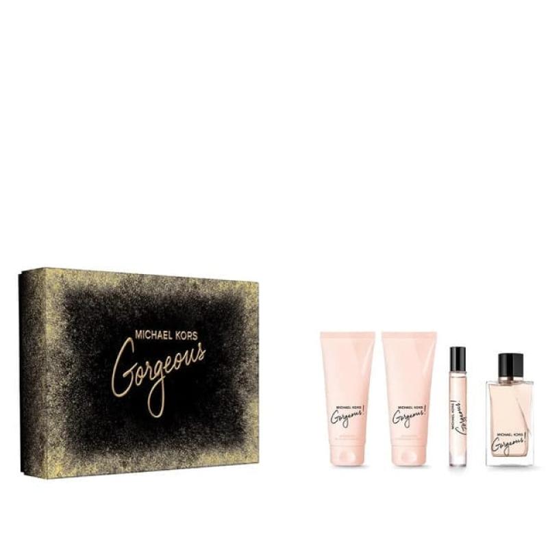 Michael Kors Gorgeous 4 Pcs Set For Women: 3.4 Eau De Parfum Spray + 0.3 Eau De Parfum Spray + 3.4 Shower Gel + 3.4 Body Lotion