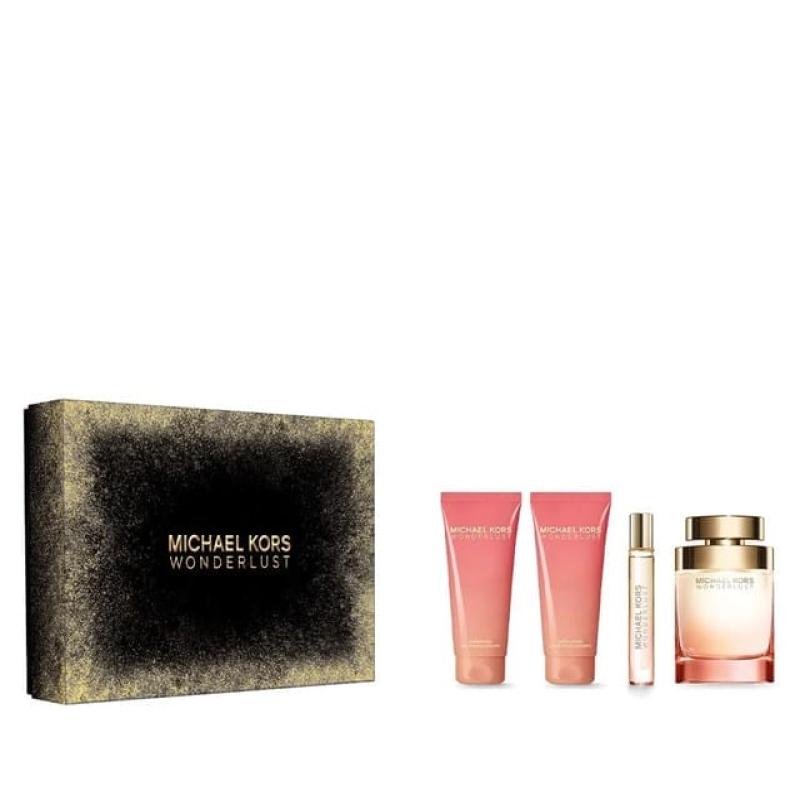 Michael Kors Wonderlust 4 Pcs Set For Women: 3.4 Eau De Parfum Spray + 0.3 Eau De Parfum Spray + 3.4 Shower Gel + 3.4 Body Lotion