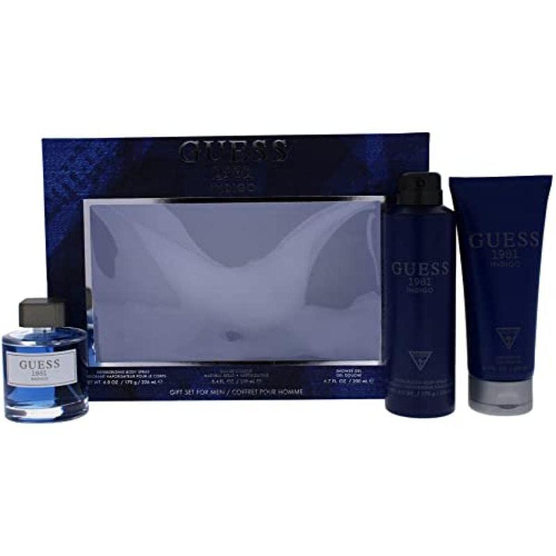 Guess 1981 Indigo by Guess for Men - 3 Pc Gift Set 3.4oz EDT Spray, 6oz Body Spray, 6.7oz Shower Gel