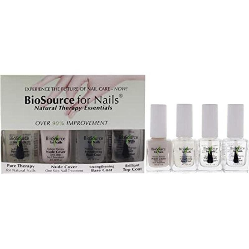 Natural Therapy Essentials Kit by BioSource for Women - 4 Pc Kit 0.4 oz Pure Therapy, 0.4 oz Nude Cover, 0.4 oz Strengthening Base Coat, 0.4 oz Brilliant Top Coat