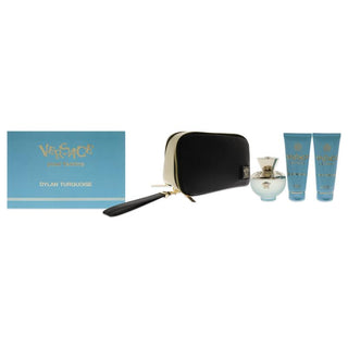 Versace Dylan Turquoise Pour Femme 3.4oz EDT Spray, 3.4oz Perfumed Body Gel, 3.4oz Perfumed Bath and Shower Gel, Pouch Women 4 Pc Gift Set