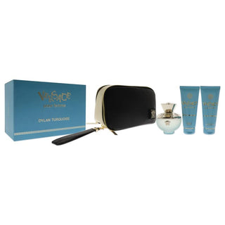 Versace Dylan Turquoise Pour Femme 3.4oz EDT Spray, 3.4oz Perfumed Body Gel, 3.4oz Perfumed Bath and Shower Gel, Pouch Women 4 Pc Gift Set
