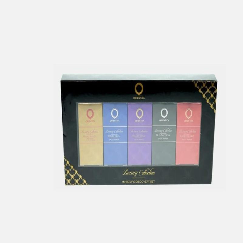 Orientica 5 Pcs Mini Set: Royal Amber 0.25 Eau De Parfum + Amber Rouge 0.25 Eau De Parfum + Oud Saffron 0.25 Eau De Parfum + Velvet Gold 0.25 Eau De Parfum + Royal Bleu 0.25 Eau De Parfum