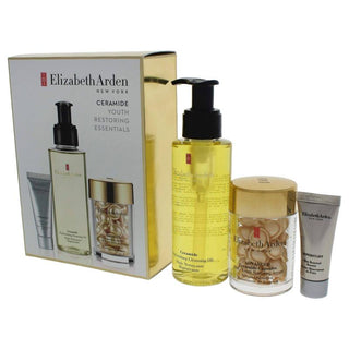 Ceramide Youth Restoring Essentials Set by Elizabeth Arden for Women - 3 Pc Set 3.4oz Ceramide Replenishing Cleansing Oil, 30caps Advanced Ceramide Capsules Daily Youth Restoring Serum,0.17oz Superstart Skin Renewal Booster