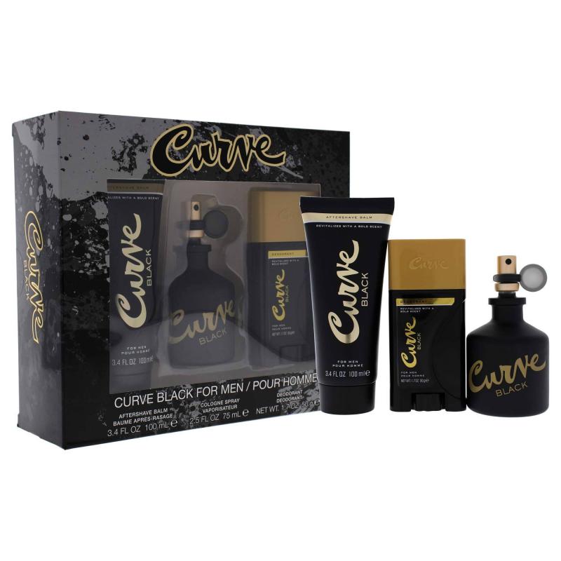 Liz Claiborne Curve Black For Men 3 Pc Gift Set 2.5Oz Edc Spray, 3.4Oz After Shave Balm, 1.7Oz Deodorant Stick