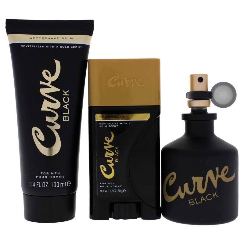 Liz Claiborne Curve Black For Men 3 Pc Gift Set 2.5Oz Edc Spray, 3.4Oz After Shave Balm, 1.7Oz Deodorant Stick