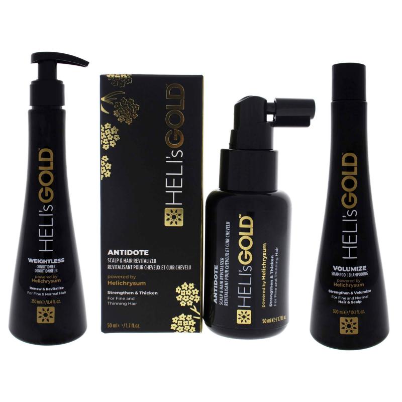 Volume Series Intro Kit by Helis Gold for Unisex - 3 Pc Kit 8.4oz Weightless Conditioner, 1.7oz Antidote Scalp and Hair Revitalizer, 10.1oz Volumize Shampoo