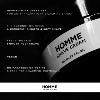 HOMME Shave Cream Designed for Men - Infused with Green Tea - Promotes Smoothness and Prevents Skin Irritation - Vegan Shaving Stuff for men- 3.4 fl oz