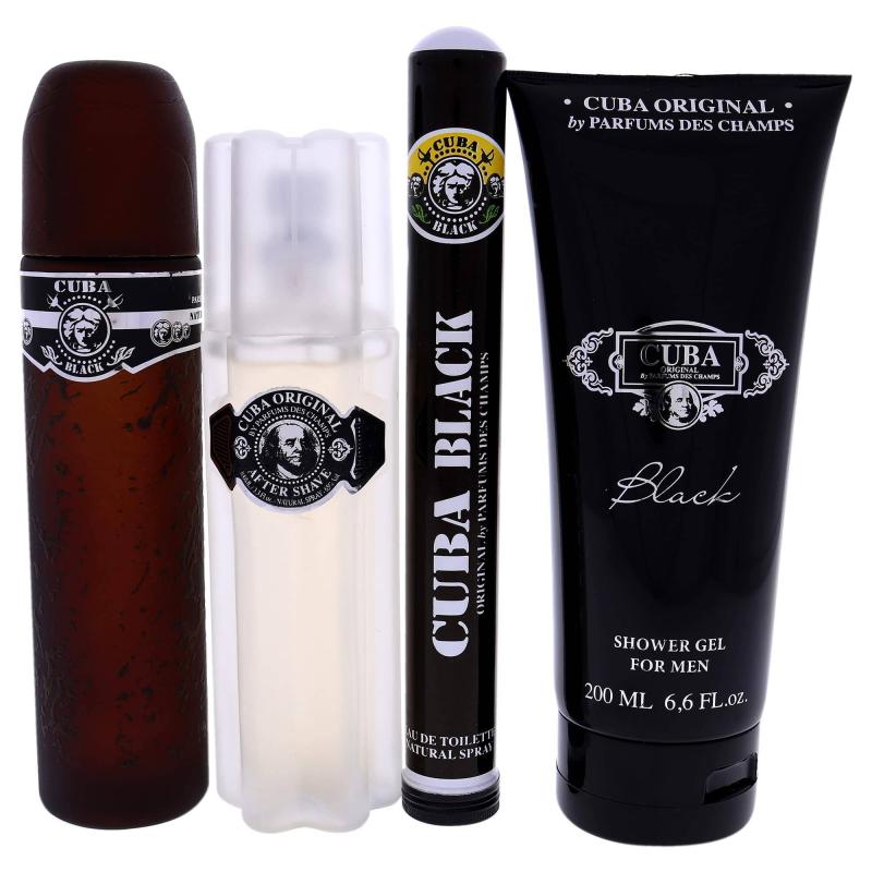Cuba Black by Cuba for Men - 4 Pc Gift Set 3.4oz EDT Spray, 1.7oz EDT Spray, 3.3oz After Shave, 6.7oz Shower Gel